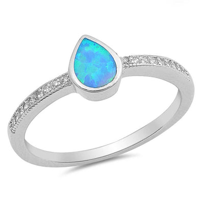 Sterling Silver Pear Shape Blue Lab Opal Rings With CZ StonesAnd Face Height 7mm