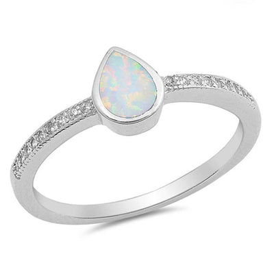 Sterling Silver Pear Shape White Lab Opal Rings With CZ StonesAnd Face Height 7mm