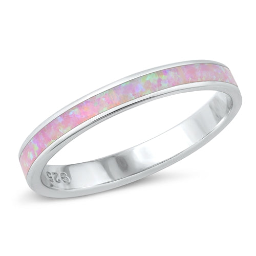 Sterling Silver Rhodium Plated Round Pink Lab Opal Ring Face Height-2.8mm