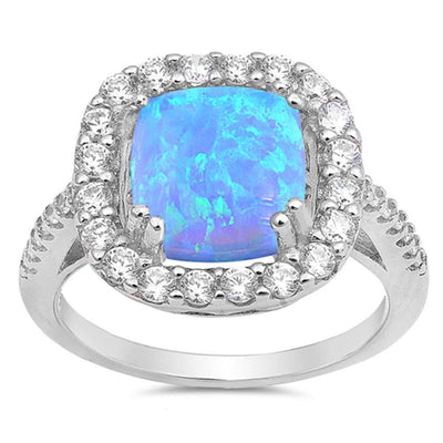 Sterling Silver Square Shaped Blue Lab Opal Rings With CZ StonesAnd Face Height 14mm
