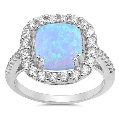 Sterling Silver Square Shaped Light Blue Lab Opal Rings With CZ StonesAnd Face Height 14mm