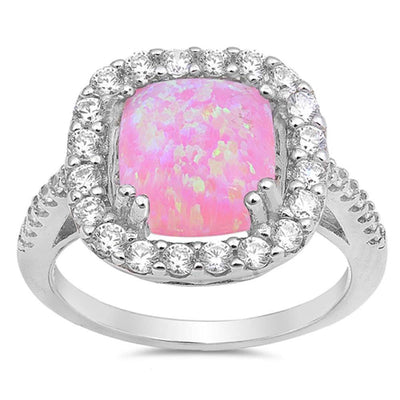 Sterling Silver Square Shaped Pink Lab Opal Rings With CZ StonesAnd Face Height 14mm