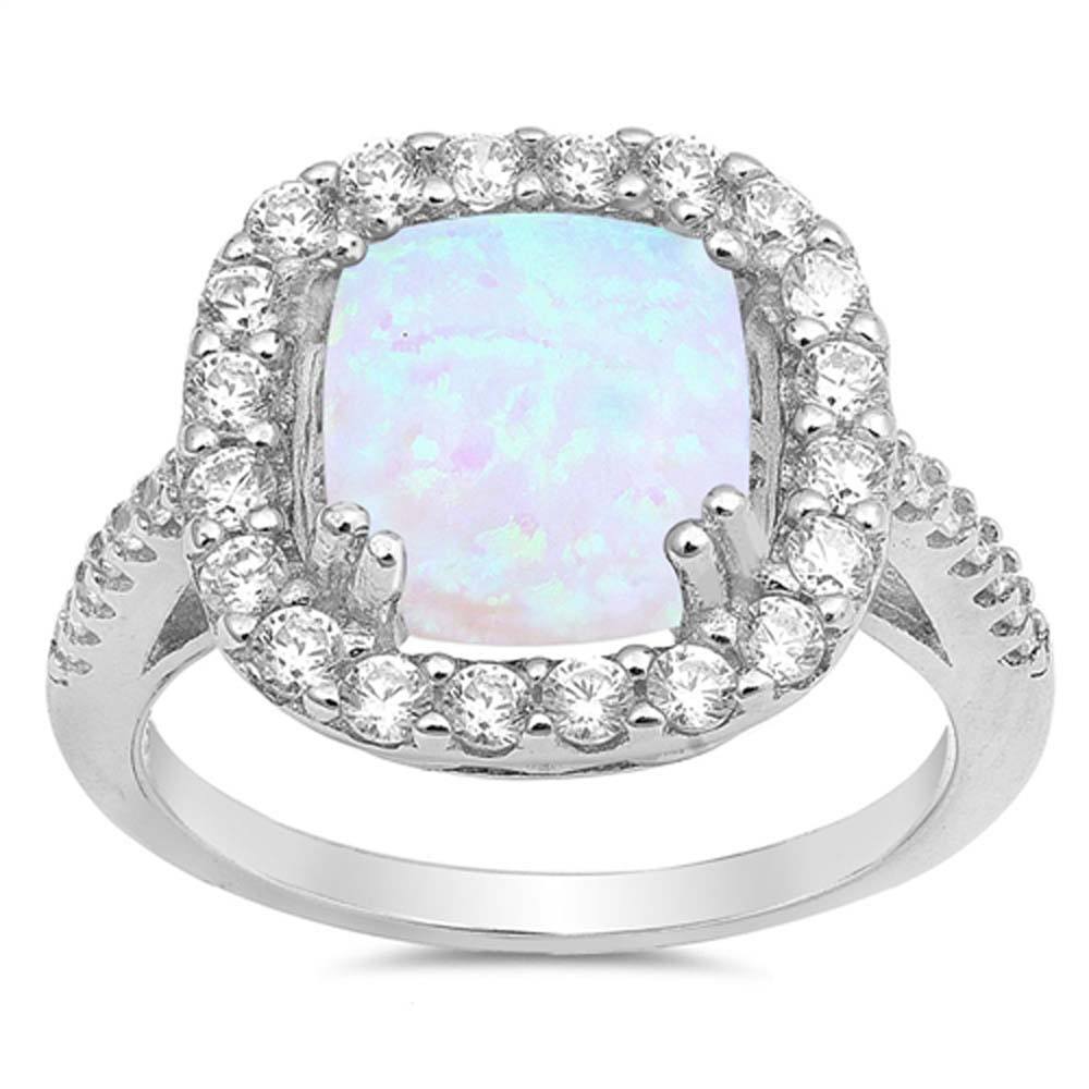 Sterling Silver Square Shape White Lab Opal Rings With CZ StonesAnd Face Height 14mm