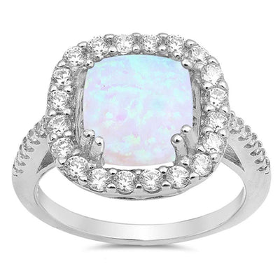 Sterling Silver Square Shape White Lab Opal Rings With CZ StonesAnd Face Height 14mm
