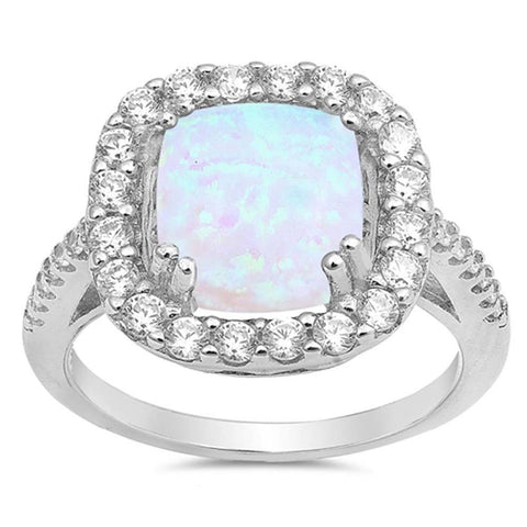 Sterling Silver Square Shape White Lab Opal Rings With CZ StonesAnd Face Height 14mm