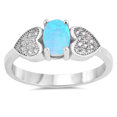 Sterling Silver White Blue Opal Stone with Clear CZ Side HeartsAnd Face Height of 7 mm