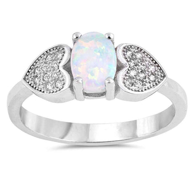 Sterling Silver White Lab Opal Stone with Clear CZ Side HeartsAnd Face Height of 7 mm