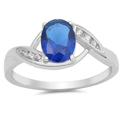 Sterling Silver Oval Shape Blue Sapphire Lab Opal Rings With CZ StonesAnd Face Height 8mm