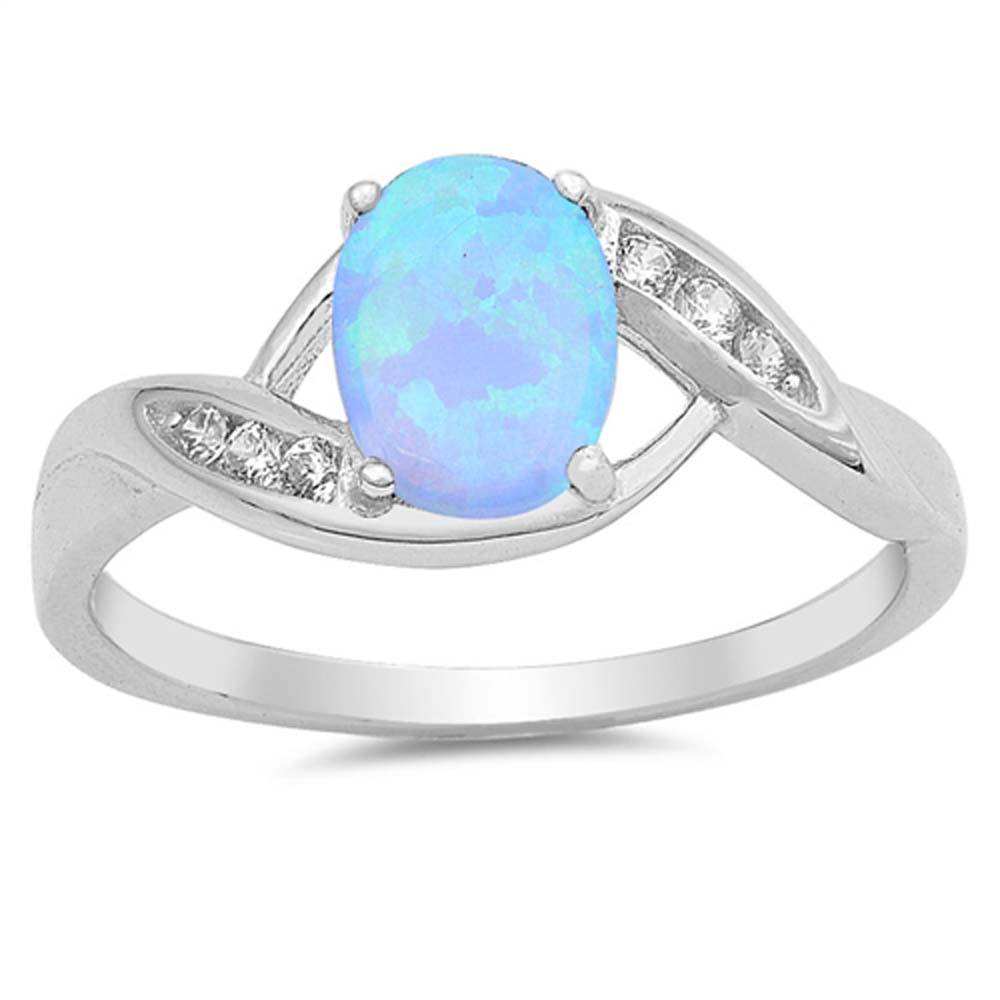 Sterling Silver Oval Shape Light Blue Lab Opal Rings with CZ Stones, Face Height 8mm