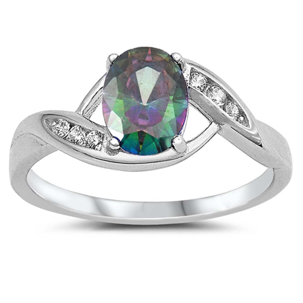 Sterling Silver Oval Rainbow Topaz and Cubic Zirconia Ring