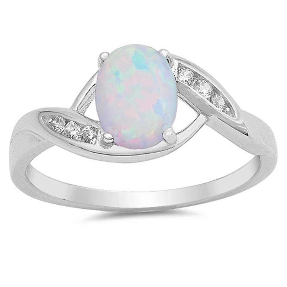 Sterling Silver Oval Shape White Lab Opal Rings With CZ StonesAnd Face Height 8mm
