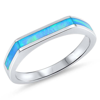 Sterling Silver Rectangle Edges Light Blue Lab Opal RingsAnd Face Height 4mm