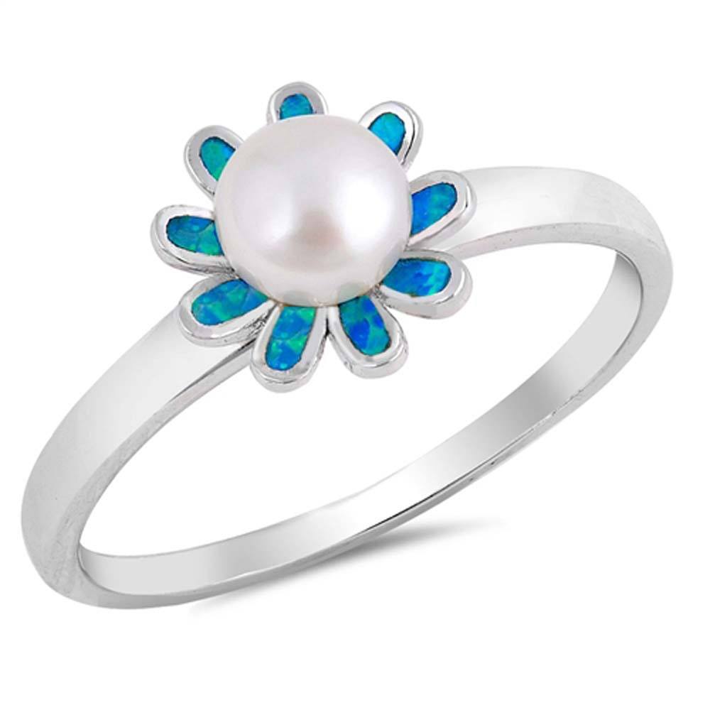 Sterling Silver Blue Lab Opal Flower Ring with Genuine Freshwater Pearl Center,Face Height of 10 mm