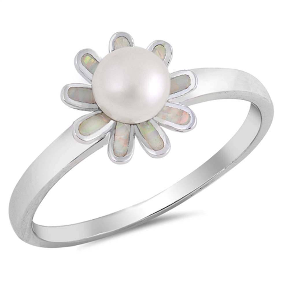Sterling Silver White Lab Opal Flower Ring with Genuine Freshwater Pearl Center, Face Height of 10 mm