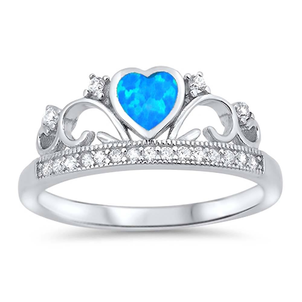 Sterling Silver Heart Crown Shape Blue Lab Opal Rings With CZ StonesAnd Face Height 8mm