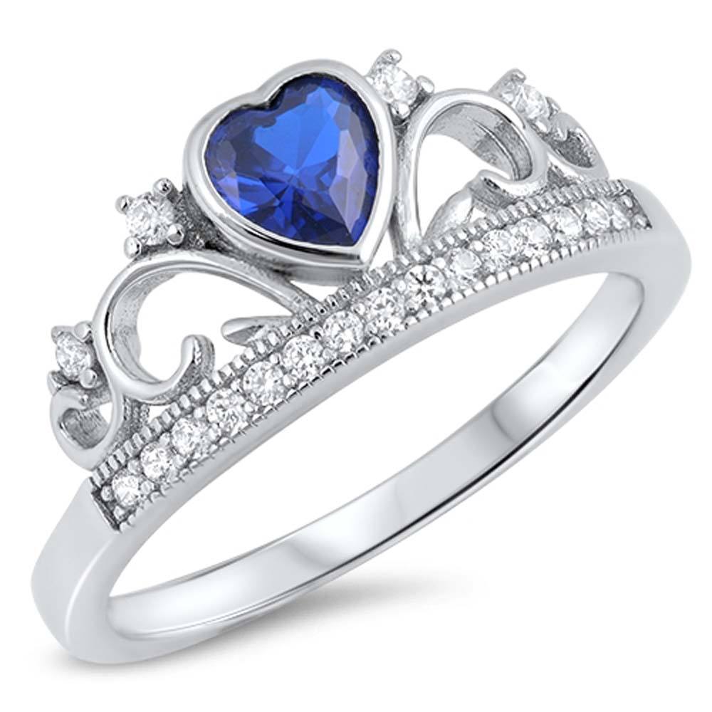 Sterling Silver Crown Ring with Blue Sapphire Heart Stone and Clear CZAnd Face Height of 8 mm