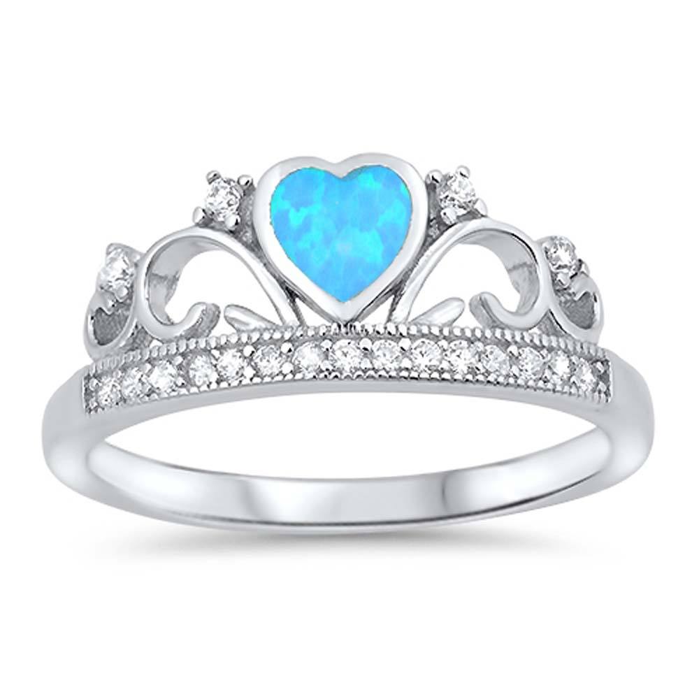 Sterling Silver Heart Crown Shape Light Blue Lab Opal Rings With CZ StonesAnd Face Height 8mm