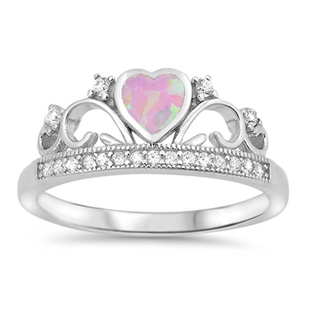 Sterling Silver Heart Crown Shaped Pink Lab Opal Rings With CZ StonesAnd Face Height 8mm