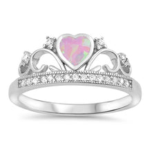 Load image into Gallery viewer, Sterling Silver Heart Crown Shaped Pink Lab Opal Rings With CZ StonesAnd Face Height 8mm