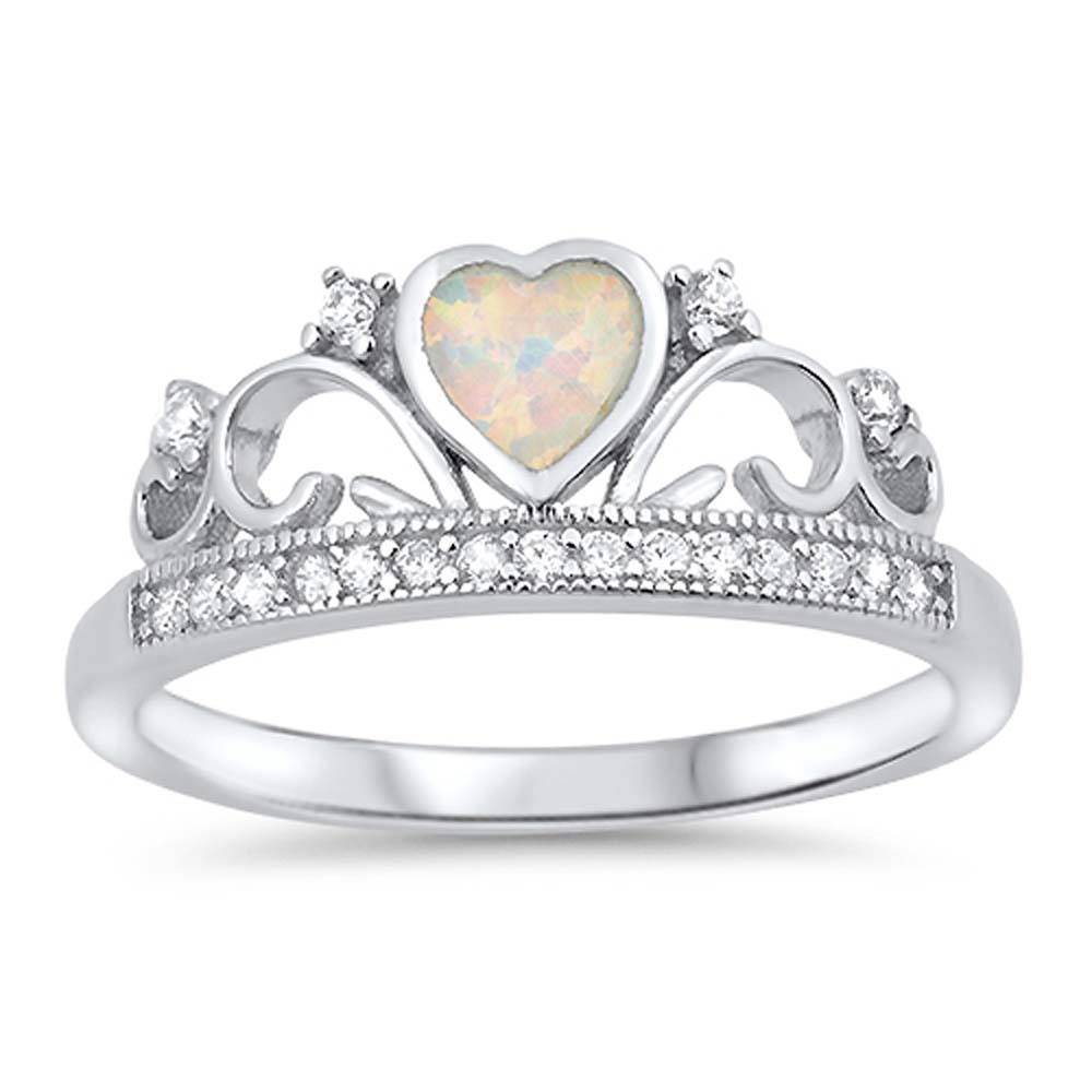 Sterling Silver Heart Crown Shape White Lab Opal Rings With CZ StonesAnd Face Height 8mm