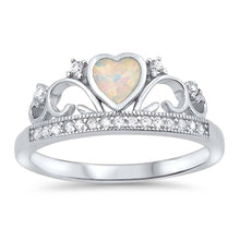 Load image into Gallery viewer, Sterling Silver Heart Crown Shape White Lab Opal Rings With CZ StonesAnd Face Height 8mm