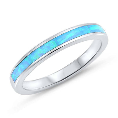 Sterling Silver Round Wedding Band Shape Light Blue Lab Opal RingsAnd Face Height 3mm