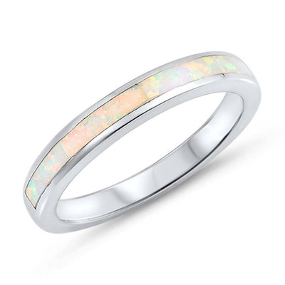 Sterling Silver Round Wedding Band Shape White Lab Opal RingsAnd Face Height 3mm