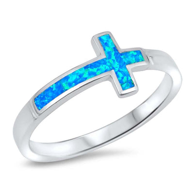 Sterling Silver Sideway Cross Blue Lab Opal RingsAnd Face Height 9mm