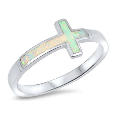 Sterling Silver Sideway Cross White Lab Opal RingsAnd Face Height 9mm