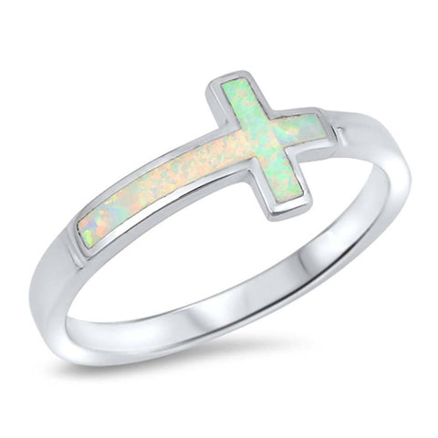 Sterling Silver Sideway Cross White Lab Opal RingsAnd Face Height 9mm