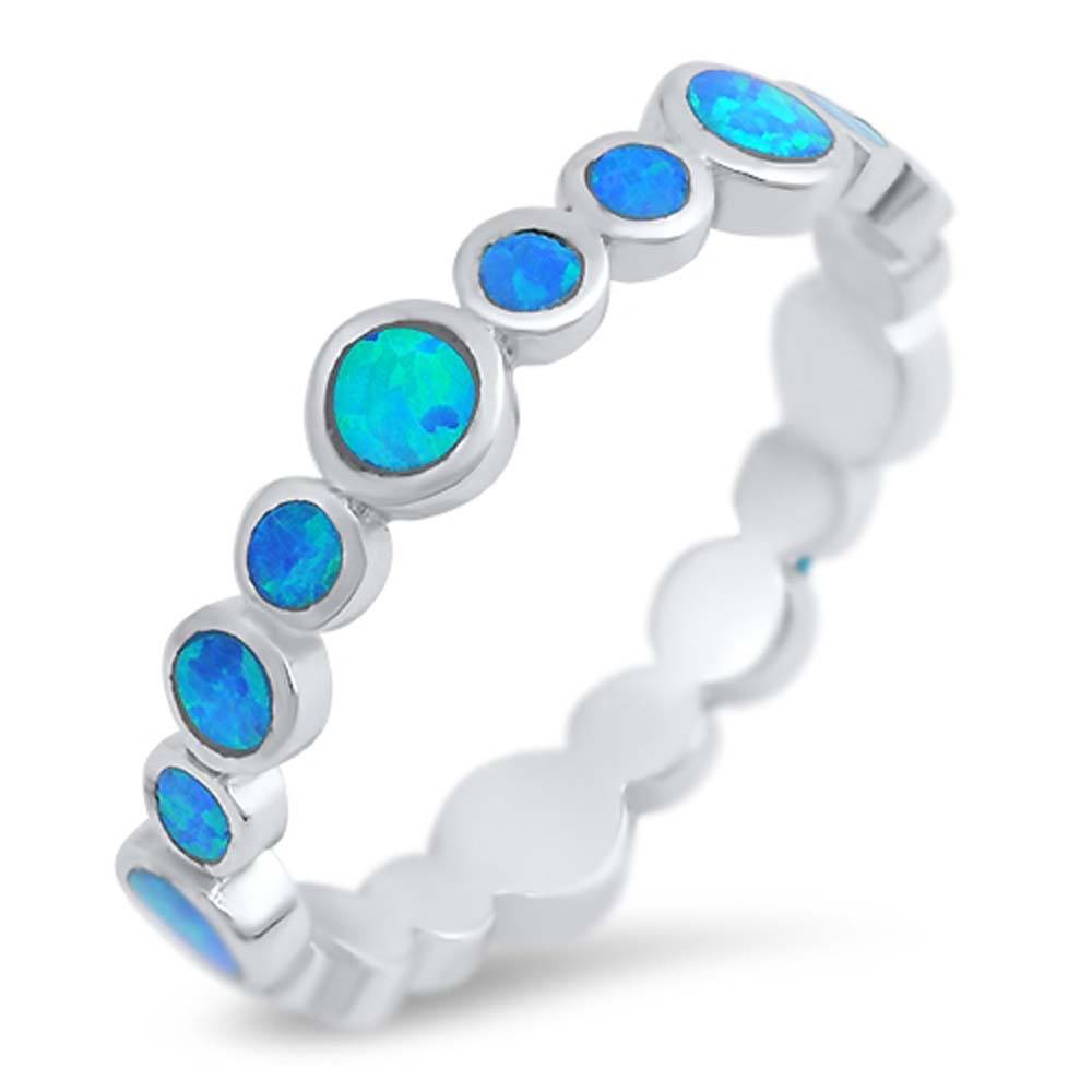 Sterling Silver Rounds Shape Blue Lab Opal Rings, Face Height 4mm