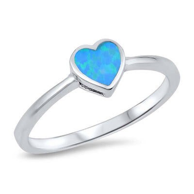 Sterling Silver Heart Shape Blue Lab Opal Rings And Face Height 7mm