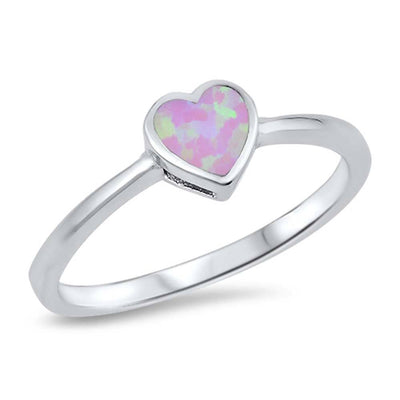 Sterling Silver Heart Shape Pink Lab Opal Rings And Face Height 7mm