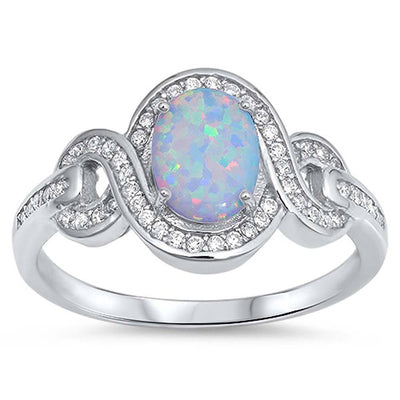 Sterling Silver Ring with Oval White Lab Opal Center and Clear CZ And Face Height 12MM
