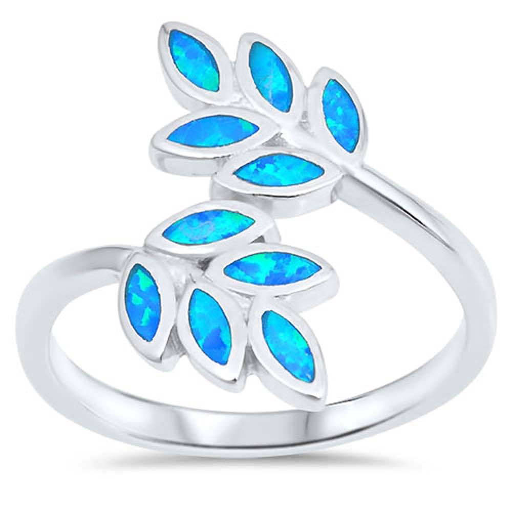 Sterling Silver Leaves Shape Blue Lab Opal Rings and Face Height 19mm