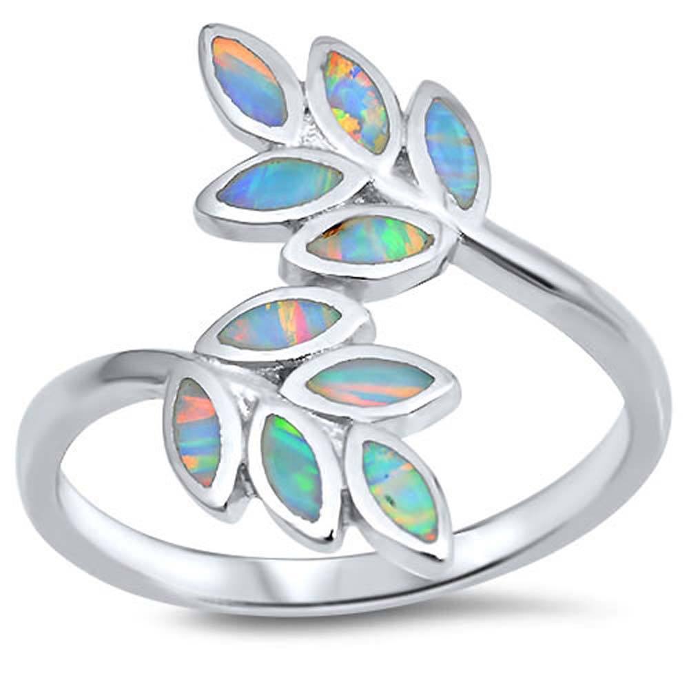 Sterling Silver Leaves Shape White Lab Opal Rings And Face Height19mm