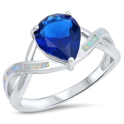 Sterling Silver Pear Shape White Lab Opal Rings With Blue Sapphire CZAnd Face Height 9mm