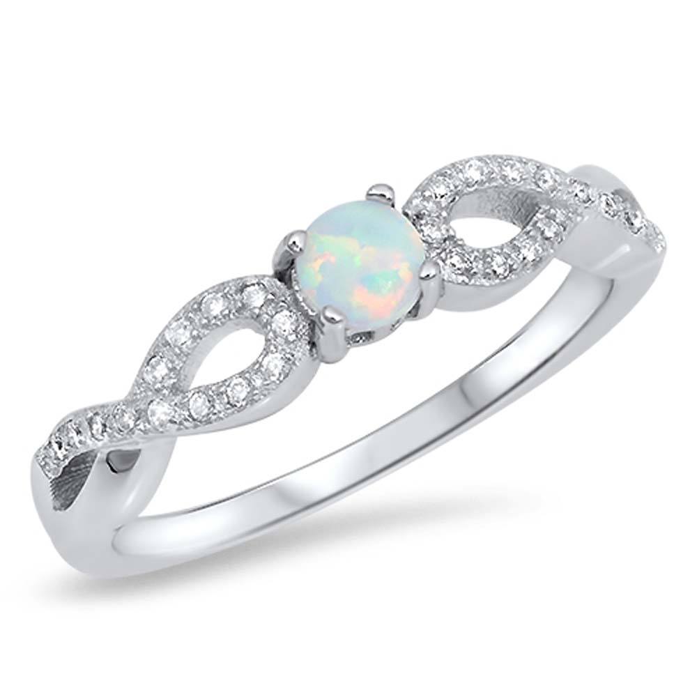 Sterling Silver Ring with White Lab Opal Center and Clear CZ SidesAndFace Height 4 mm