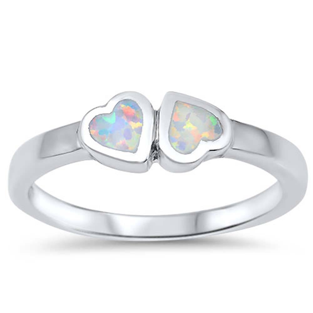 Sterling Silver Double Hearts White Lab Opal RingsAnd Face Height 4mm
