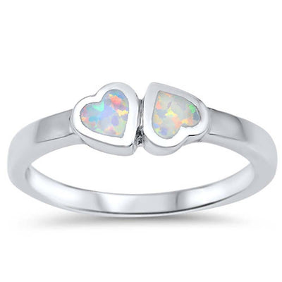 Sterling Silver Double Hearts White Lab Opal RingsAnd Face Height 4mm