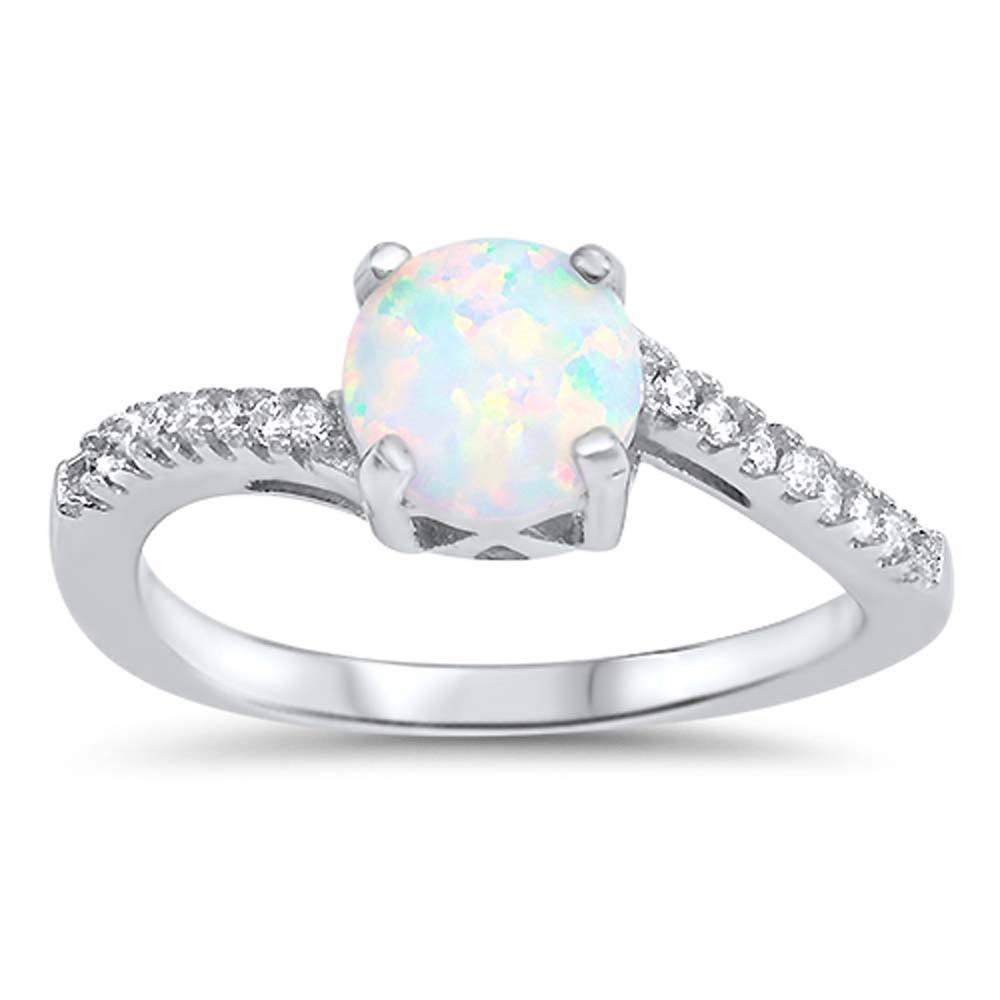 Sterling Silver Round White Lab Opal Rings With CZ StonesAnd Face Height 7mm