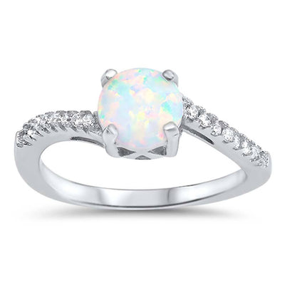 Sterling Silver Round White Lab Opal Rings With CZ StonesAnd Face Height 7mm