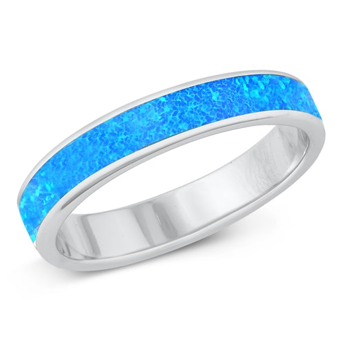Sterling Silver Rhodium Plated Blue Lab Opal Round Ring Face Height-4mm