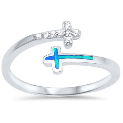 Sterling Silver Cross Shape Blue Lab Opal Rings With CZ StonesAnd Face Height 7mm
