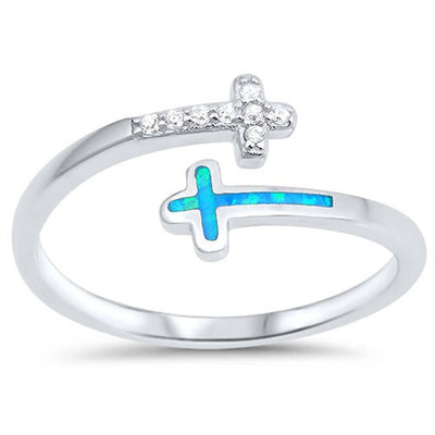 Sterling Silver Cross Shape Light Blue Lab Opal Rings With CZ StonesAnd Face Height 7mm
