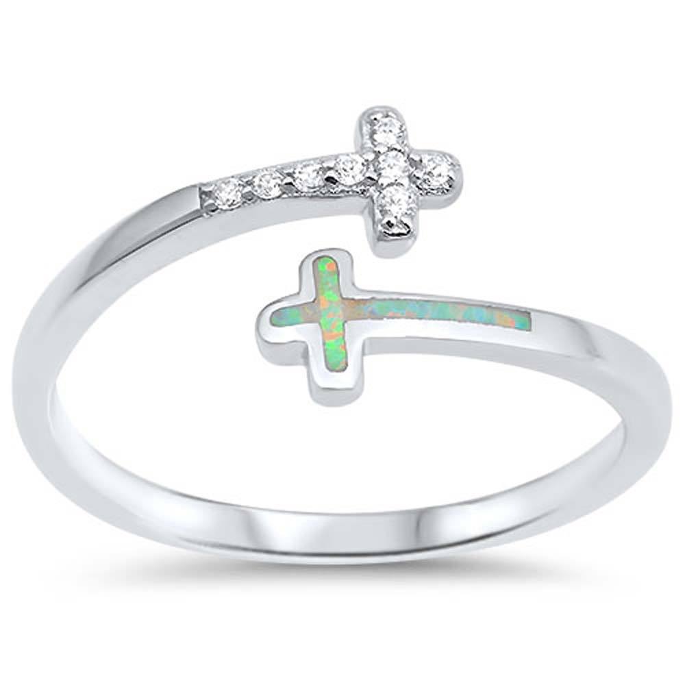 Sterling Silver Cross Shape White Lab Opal Rings With CZ StonesAnd Face Height 7mm