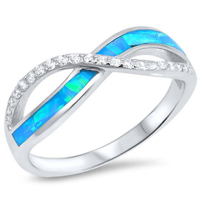 Sterling Silver Infinity Shape Light Blue Lab Opal Rings With CZ StonesAnd Face Height 7mm