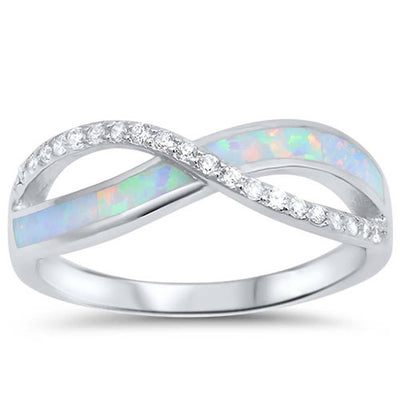 Sterling Silver Infinity Shape White Lab Opal Rings With CZ StonesAnd Face Height 7mm