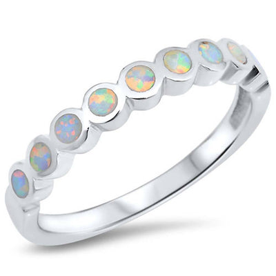 Sterling Silver Round Shape white Lab Opal RingsAnd Face Height 2mm