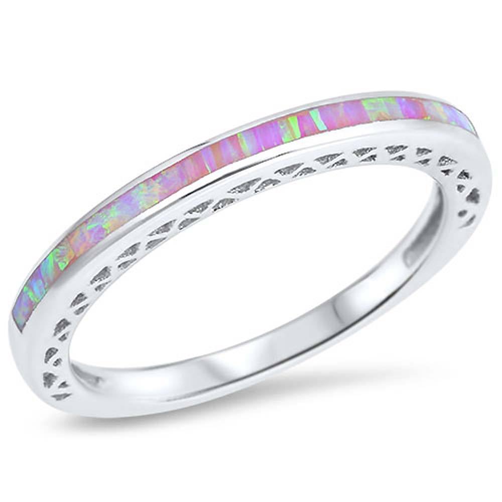 Sterling Silver Wedding Band Shape Pink Lab Opal RingsAnd Face Height 3mm
